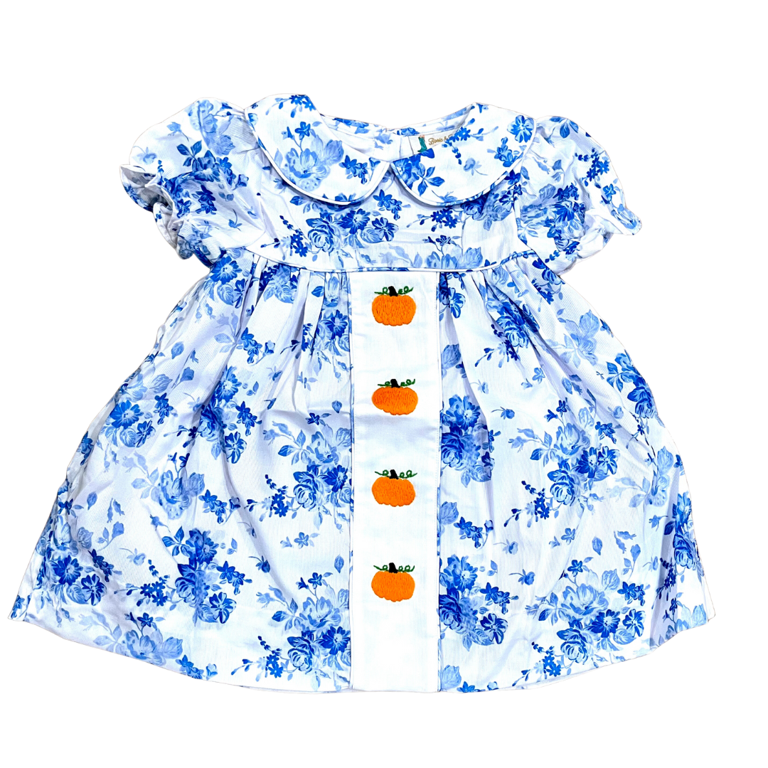 Girls Blue Floral Peter Pan Collar Pumpkin Dress