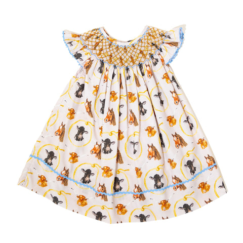 Girls Let's Rodeo Smocked Lattice Dress