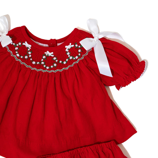 WHOLESALE: Girls Smocked Wreath Corduroy Diaper Set (ETA SEPTEMBER)