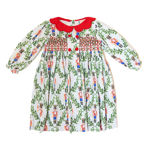 WHOLESALE: Girls Red Nutcracker Smocked Dress with Buttons (ETA September)