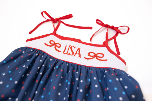 WHOLESALE: Girls Fireworks Dots USA Smocked Dress