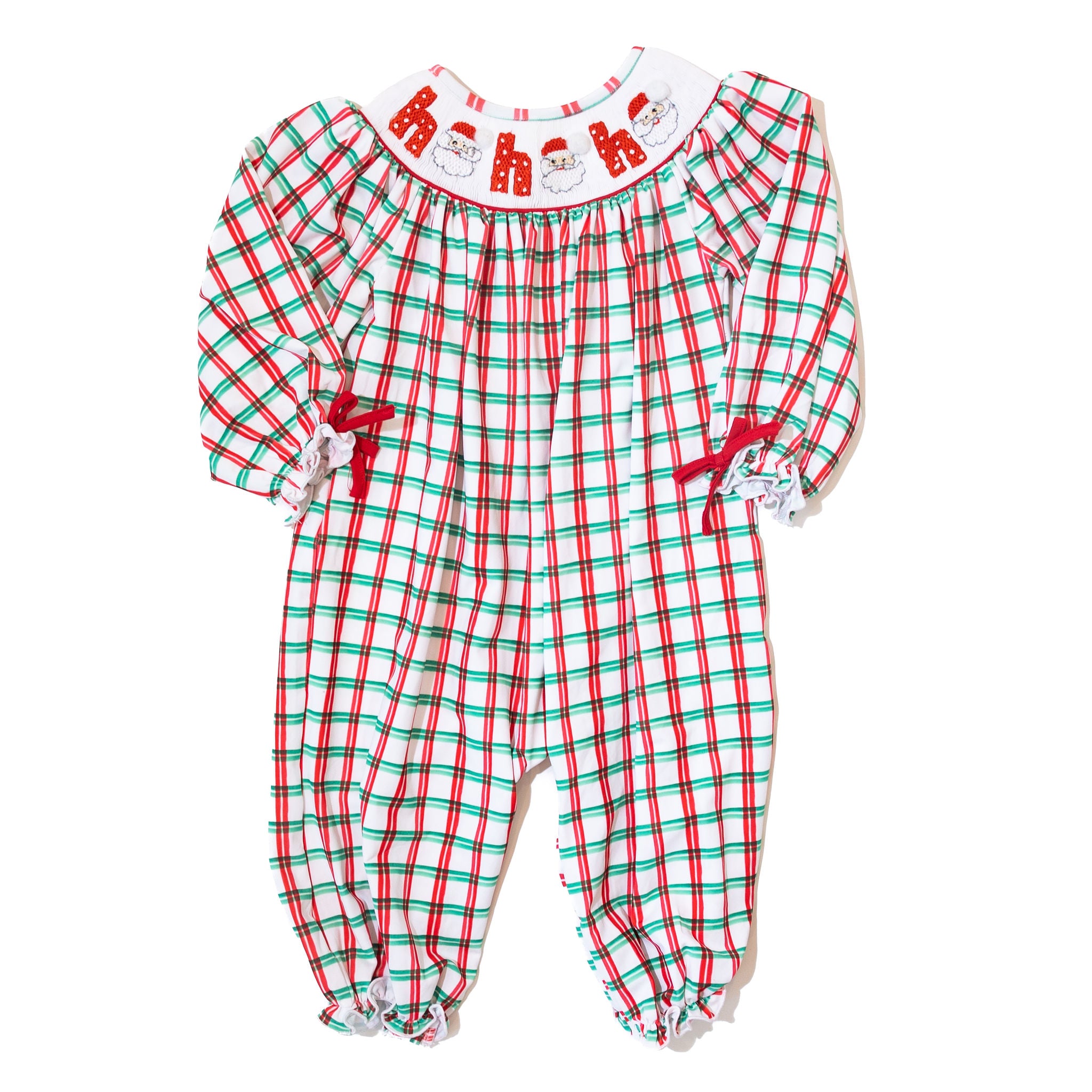 WHOLESALE: Girls Smocked Santa Ho Ho Ho Romper (ETA SEPTEMBER)