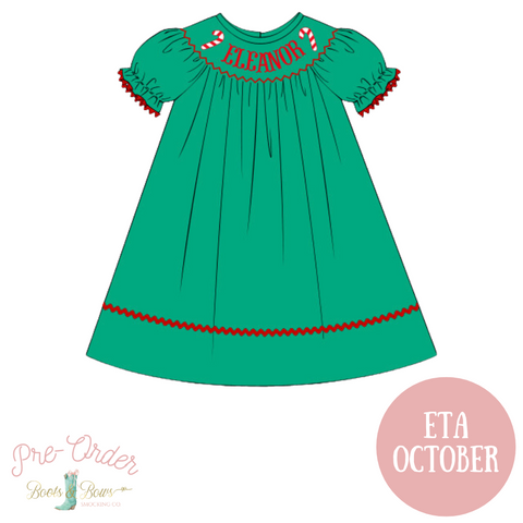 PRE-ORDER: Girls Custom Name Smocked Candy Cane Dress (ETA OCTOBER)