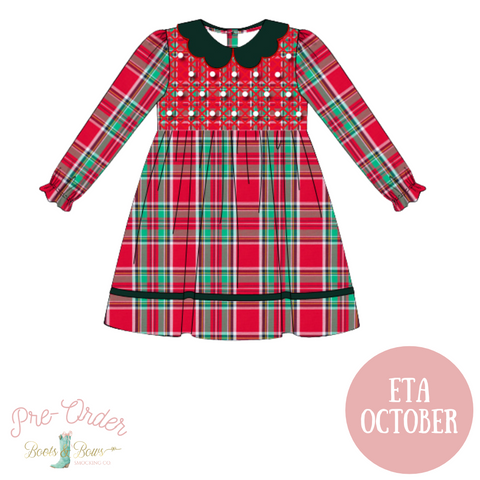 PRE-ORDER: Girls Plaid Smocked Dress w/Pearls (ETA OCTOBER)