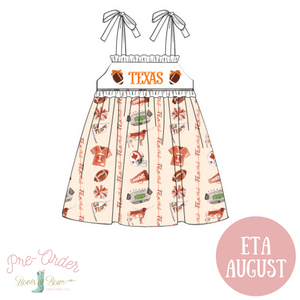 PRE-ORDER: Texas Gameday Spirit Smocked Shoulder Tie Dress (ETA AUGUST)